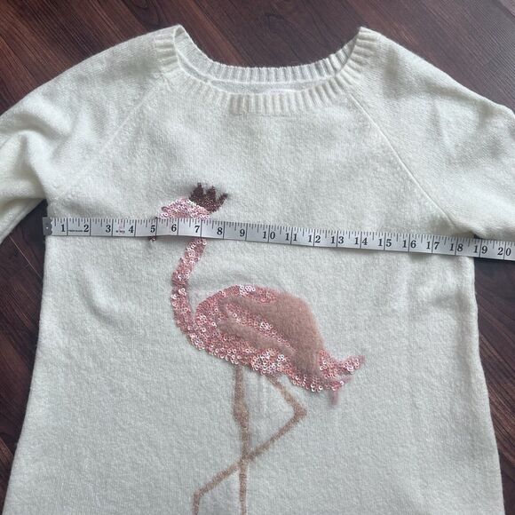Lauren Conrad Sweater Medium Sequin Flamingo White Crewneck Split Sides Bling - Picture 3 of 8